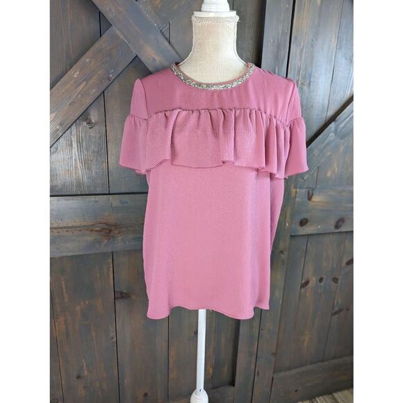 Juicy Couture Blouse Women's Medium Short Sleeve Ruffle Peephole button Back - Picture 1 of 9